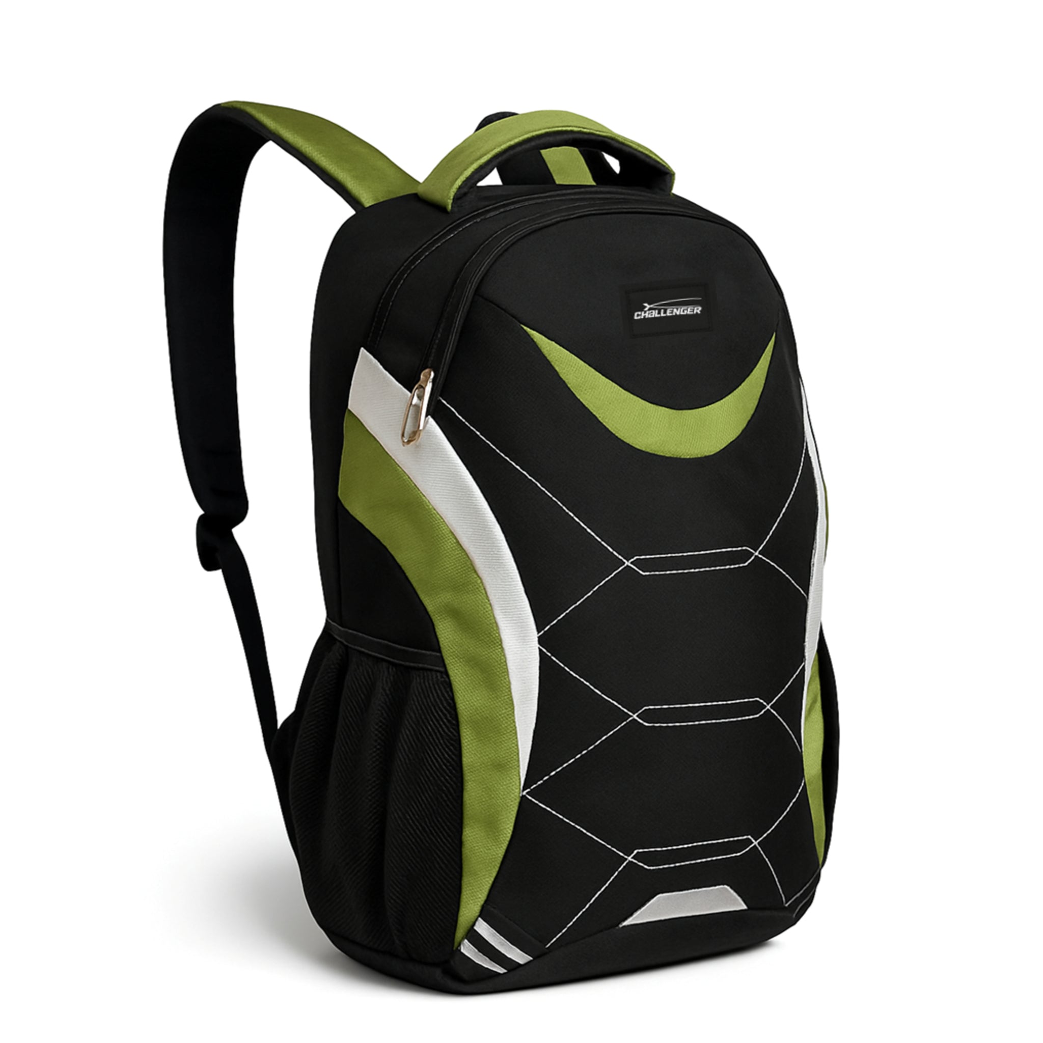 green and black Challenger dual compartment backpack with white detailing, padded shoulder straps, and side mesh pockets – ideal for school, work, or travel.